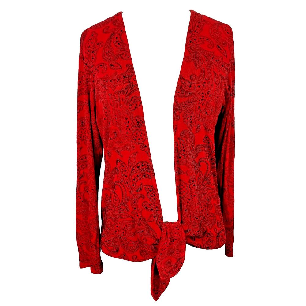Chico's Travelers Red Black Paisley Tie Front Cardigan Slinky Stretch Size 1 M